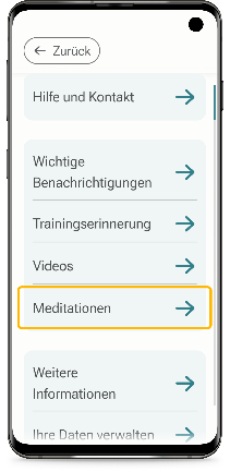 Einstellungsmenü der Cogthera App mit hervorgehobenem Eintrag „Meditationen"
