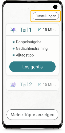 Startbildschirm der Cogthera App mit hervorgehobenem Button „Einstellungen" oben rechts